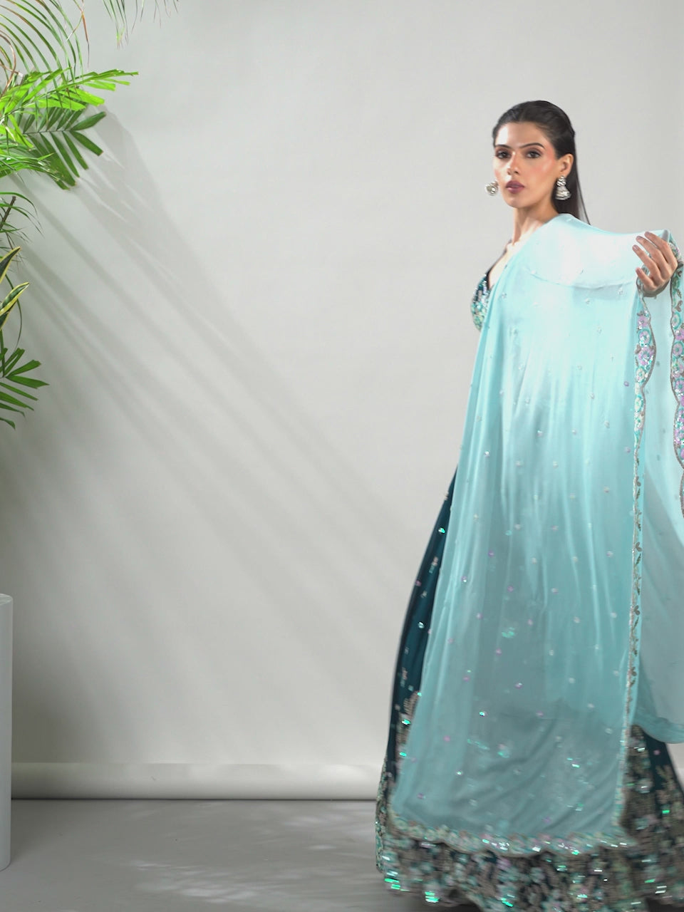 Teal - Pure Georgette Different Color Sequined,Thread,Coding Embroidered Semi-Stitched Lehenga choli