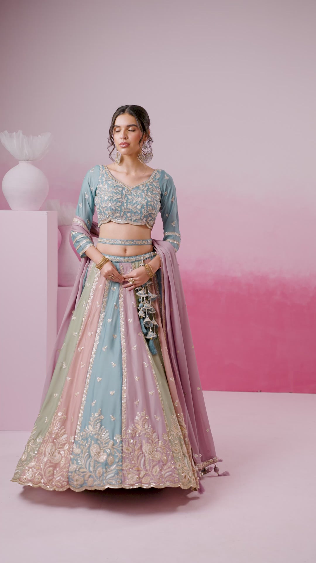 Turquoise Blue - Multi Color Kali Pure Georgette Golden Sequined,Thread,Coding Embroidered Semi-Stitched Lehenga choli