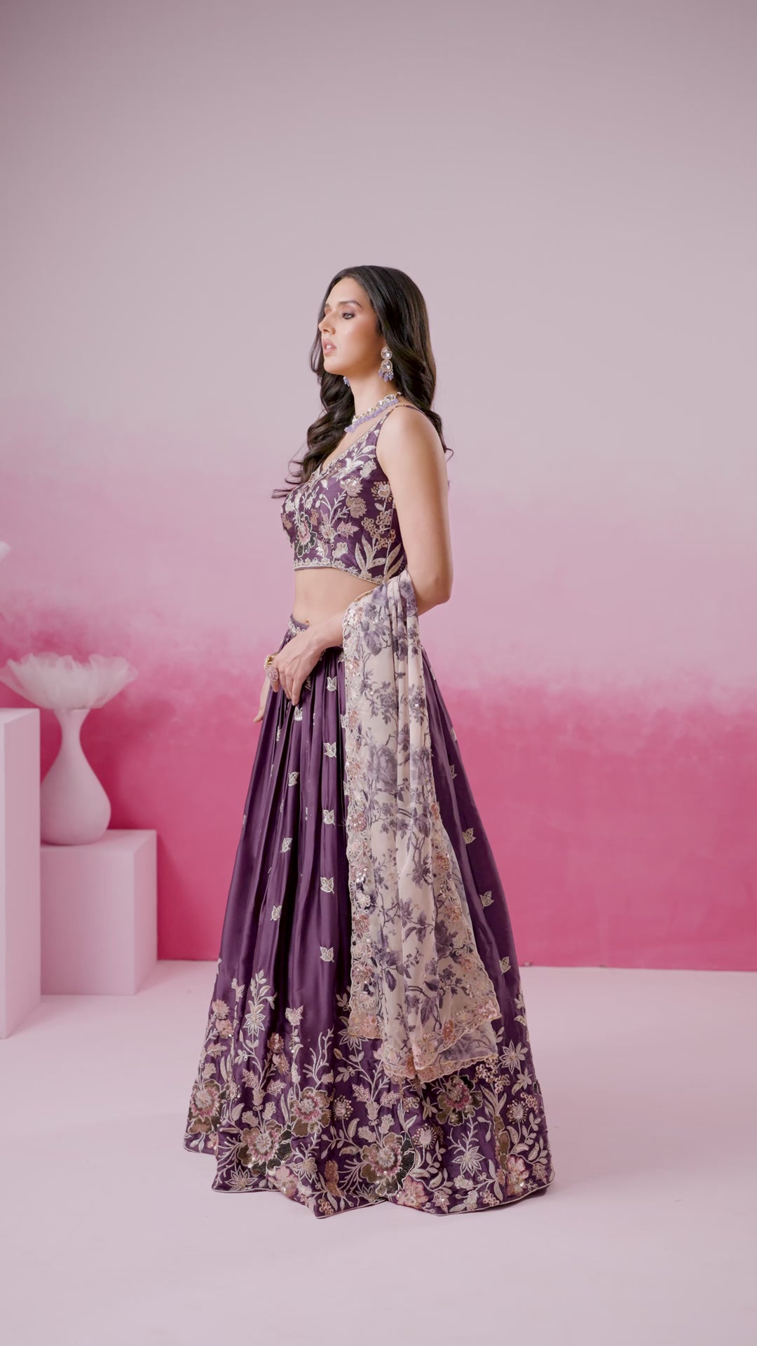 Purple Satin silk Sequins embroidery Semi-Stitched Lehenga choli & Dupatta