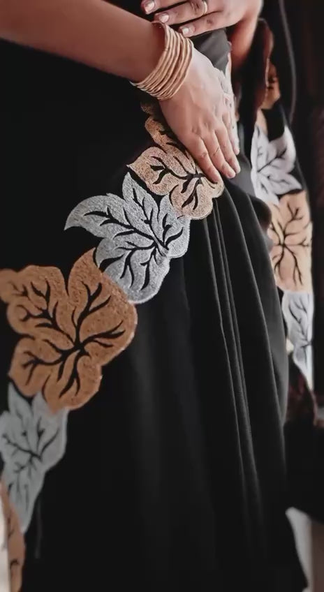 Black Sartin Chiffon Silk  Beautiful Designer jari Thread Embroidery work of Leaf 🍁 Design with Cutwork Border Saree - INSPIRED