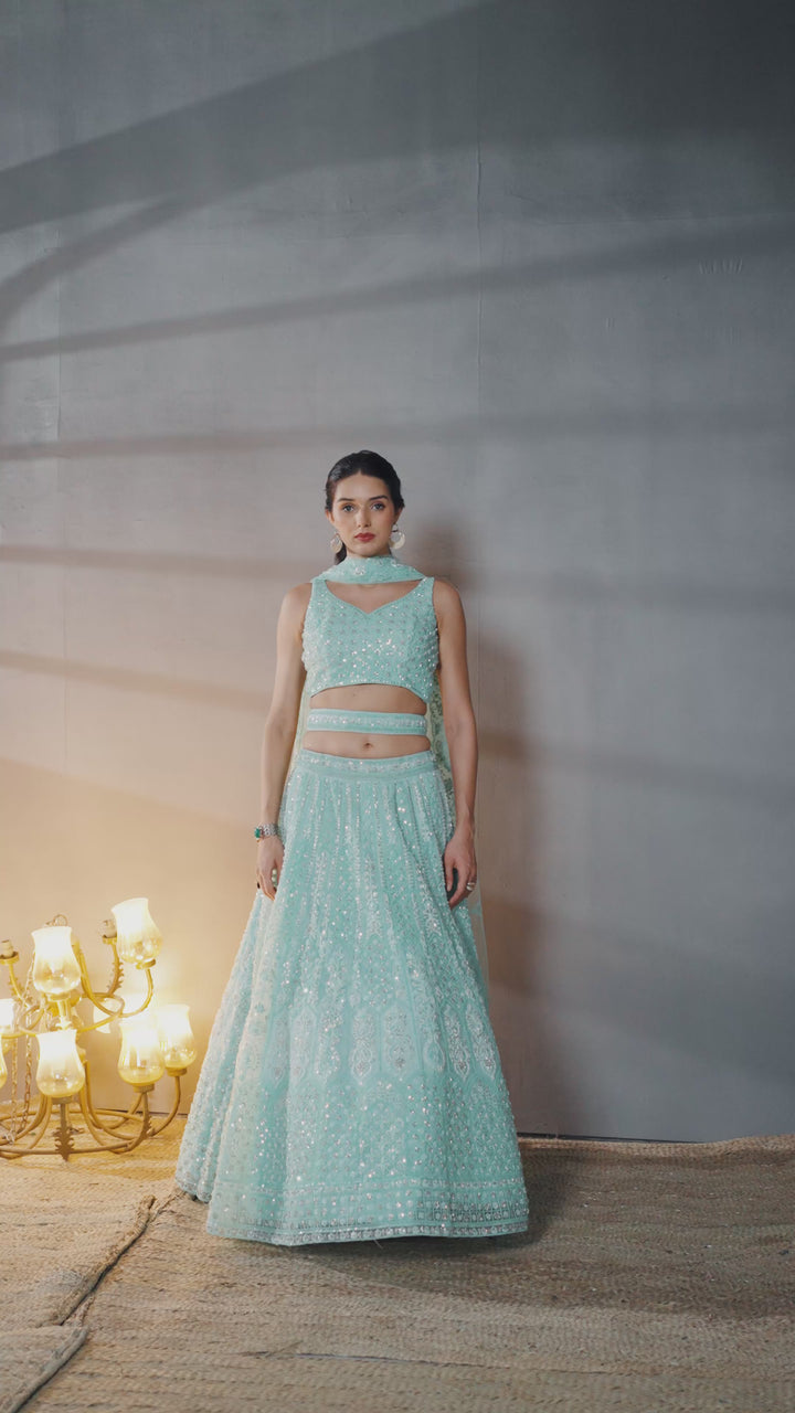 Turquoise blue Net Cutdana, Sequins and Zarkan embroidery Semi-Stitched Lehenga choli & Dupatta