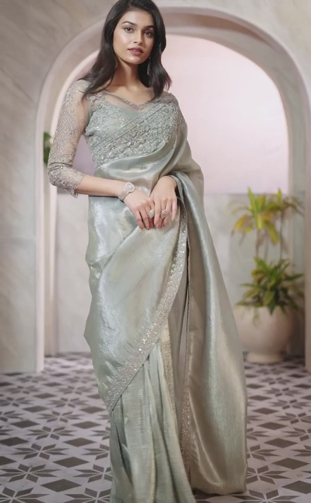 Women's Cocktal Party Wear Saree With Greenish Grey Blouse