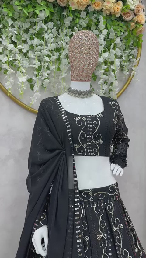 Black Foux gorgette thread with Sequnce four side coin lace broder Lehengha