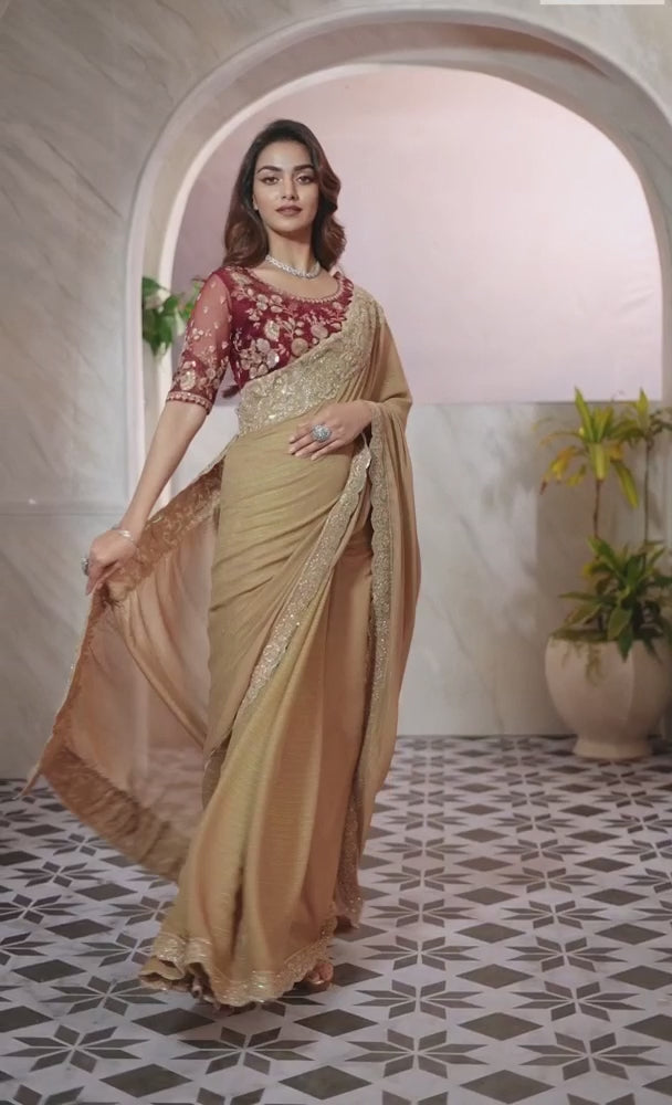 Golden Shimmer Silk Saree With Golden Brown Saree With Blouse