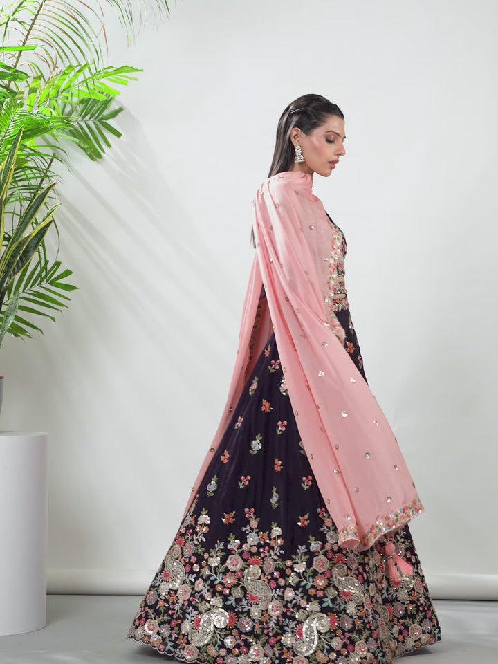 Magenta - Golden Sequined & Multi-Color Thread Embroidered Organza Semi-Stitched Lehenga choli