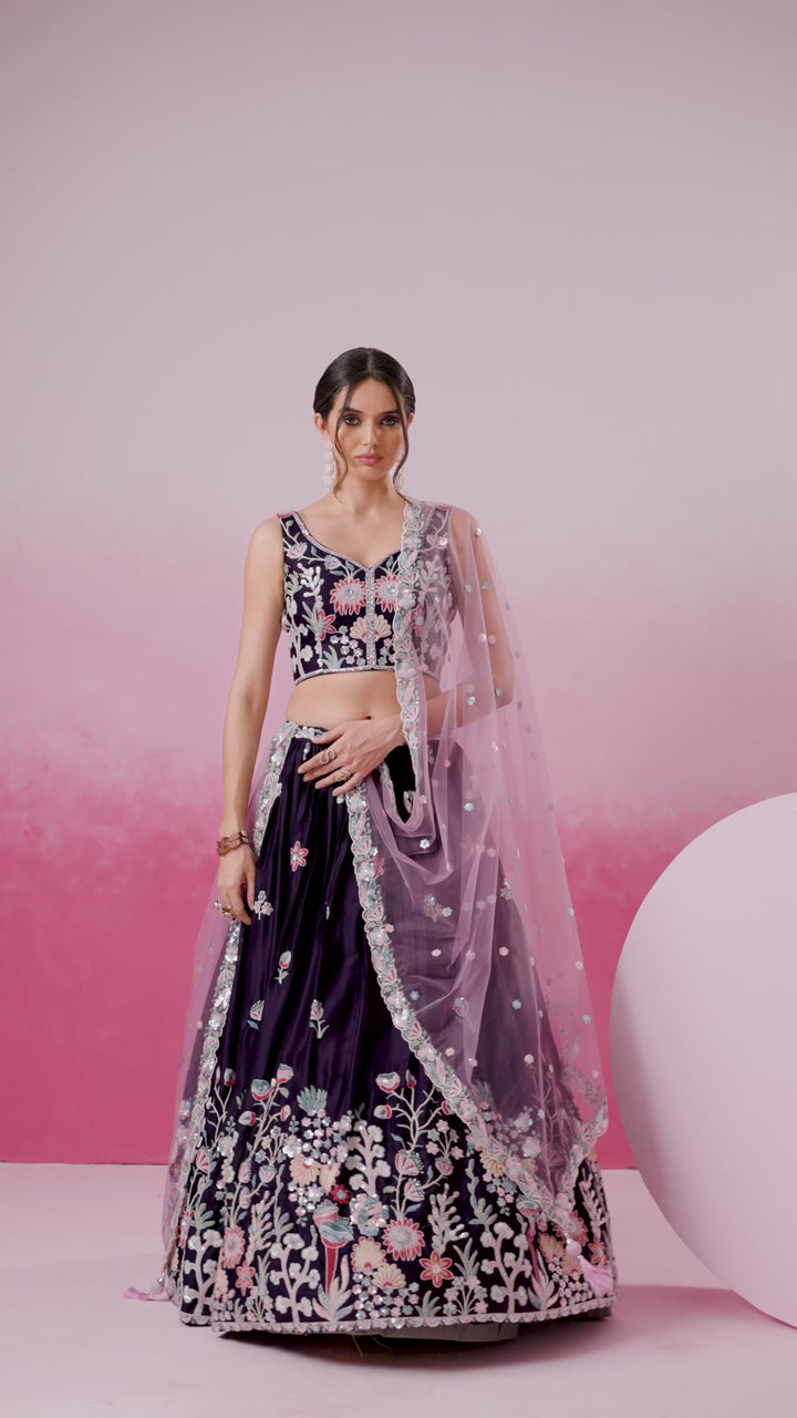 Purple - Satin Silk Embroidered with Multi Color Sequin-Thread Semi-Stitched Lehenga Choli