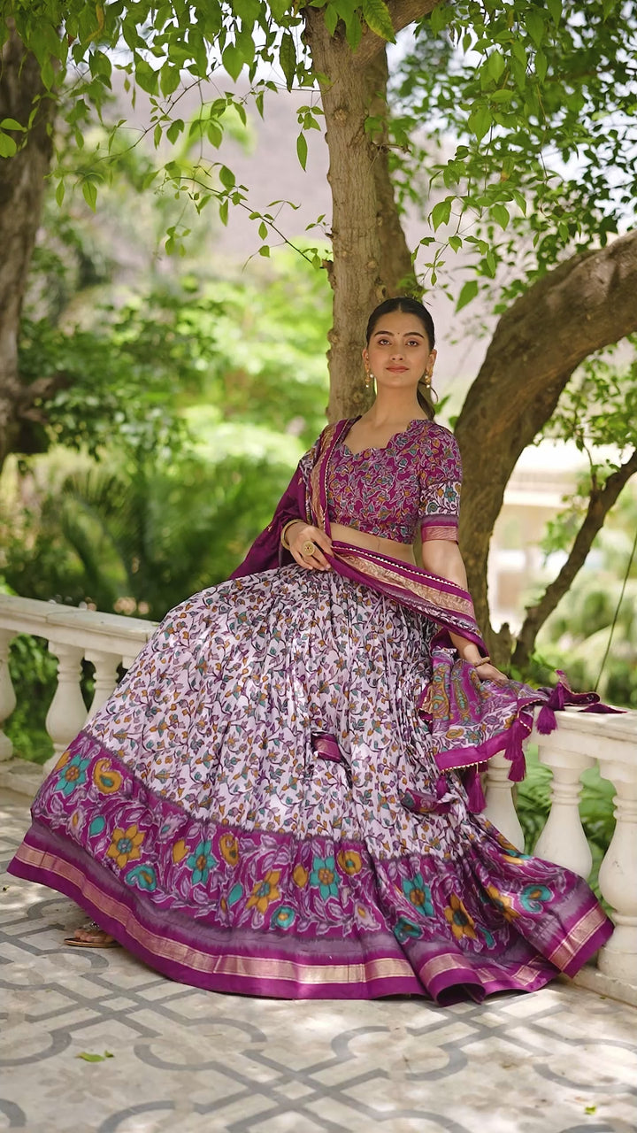 Purple Tussar Silk Floral Print With Foil Print Lehenga Choli