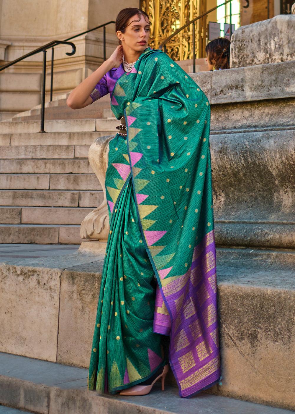 Primal Green Handloom Woven Khadi Silk Saree - qivii