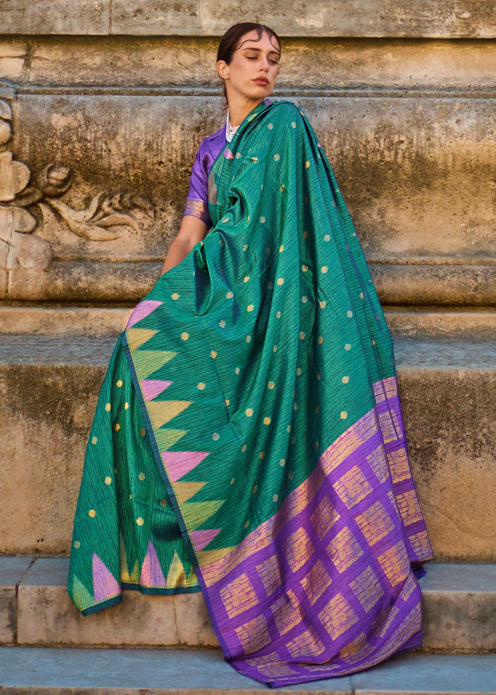 Primal Green Handloom Woven Khadi Silk Saree - qivii