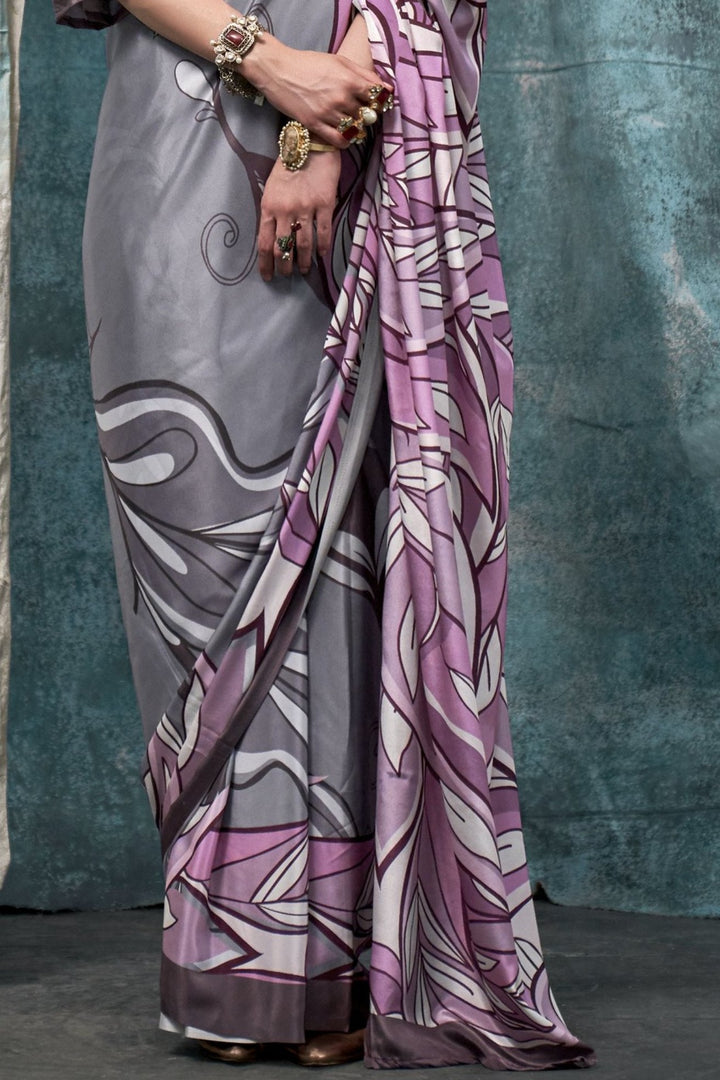 Jumbo Grey and Purple Printed Satin Crepe Sarees