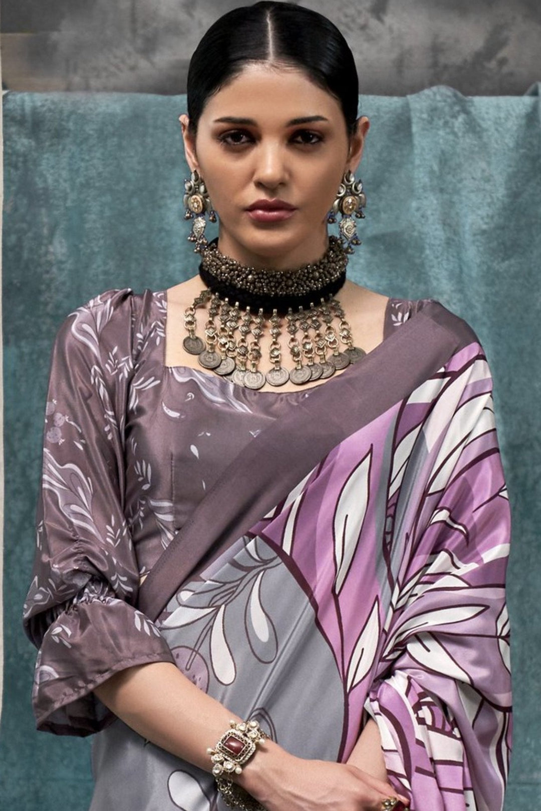 Jumbo Grey and Purple Printed Satin Crepe Sarees