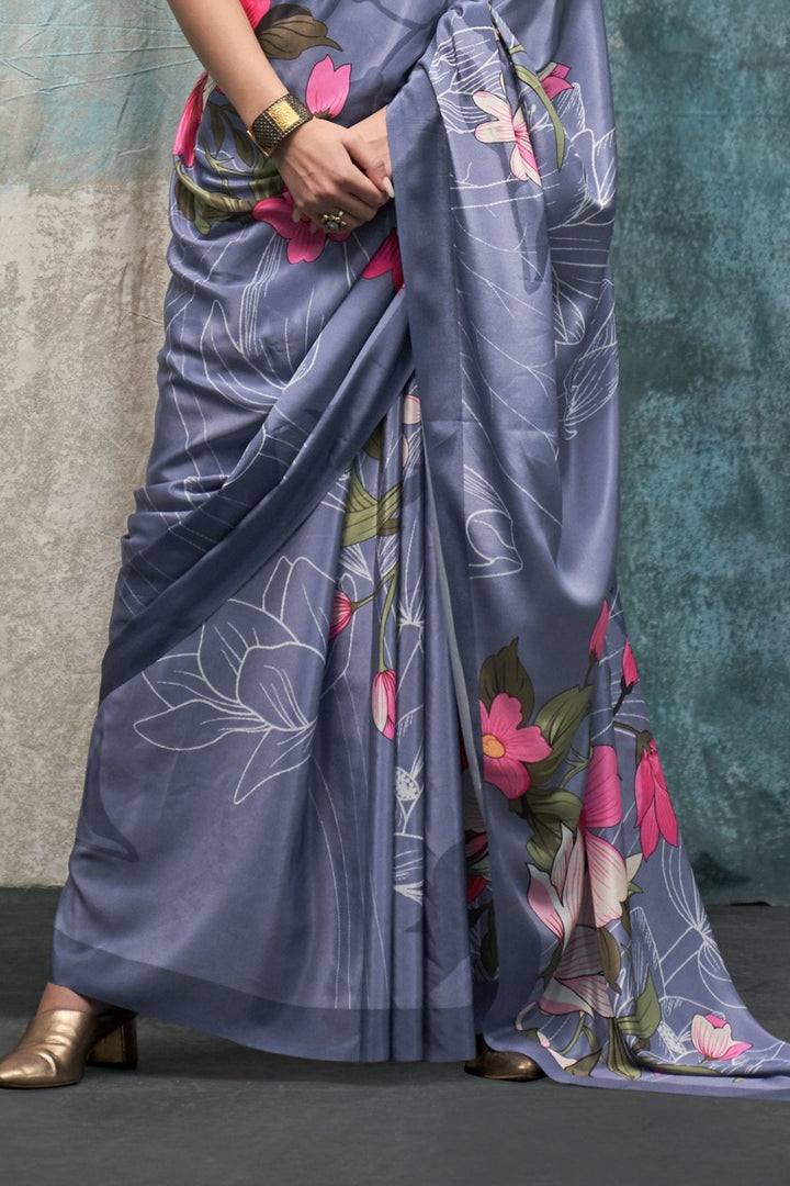 Periwinkle Grey Printed Satin Crepe Sarees