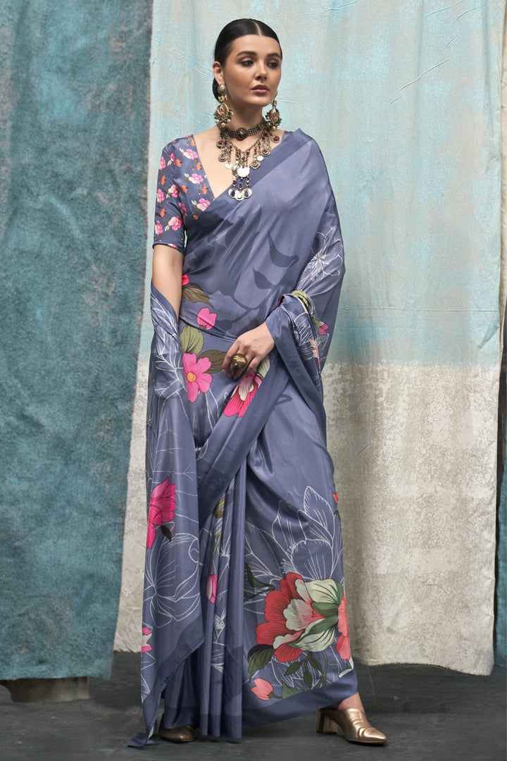 Periwinkle Grey Printed Satin Crepe Sarees