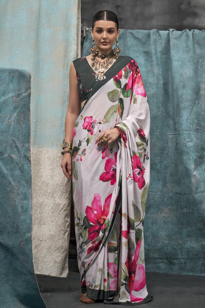 Swiss Coffee White Printed Satin Crepe Sarees