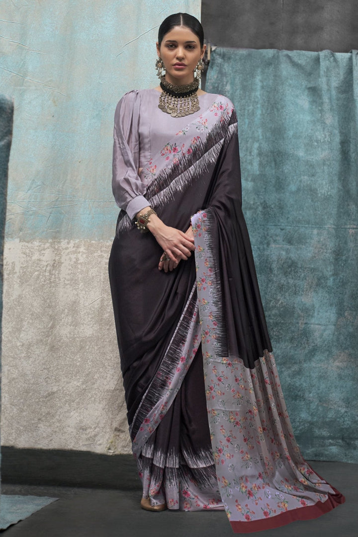 Thunder Black Printed Satin Crepe Sarees