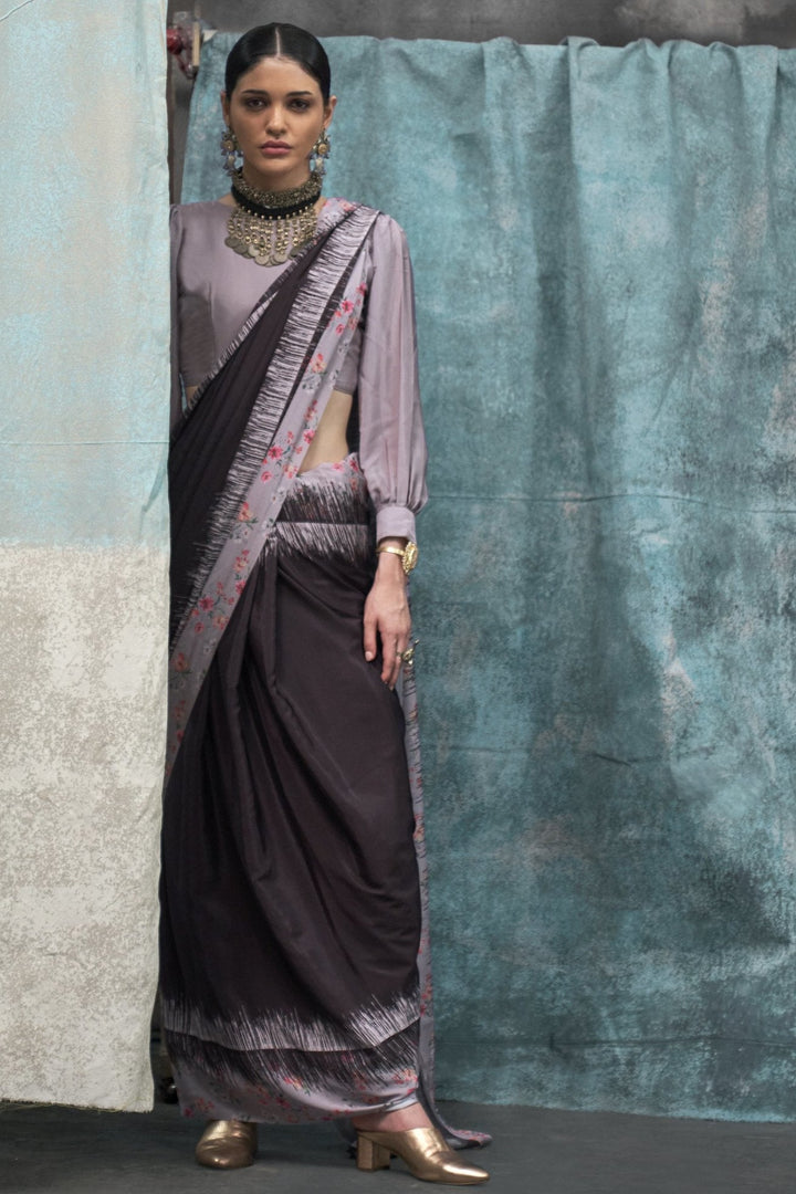 Thunder Black Printed Satin Crepe Sarees