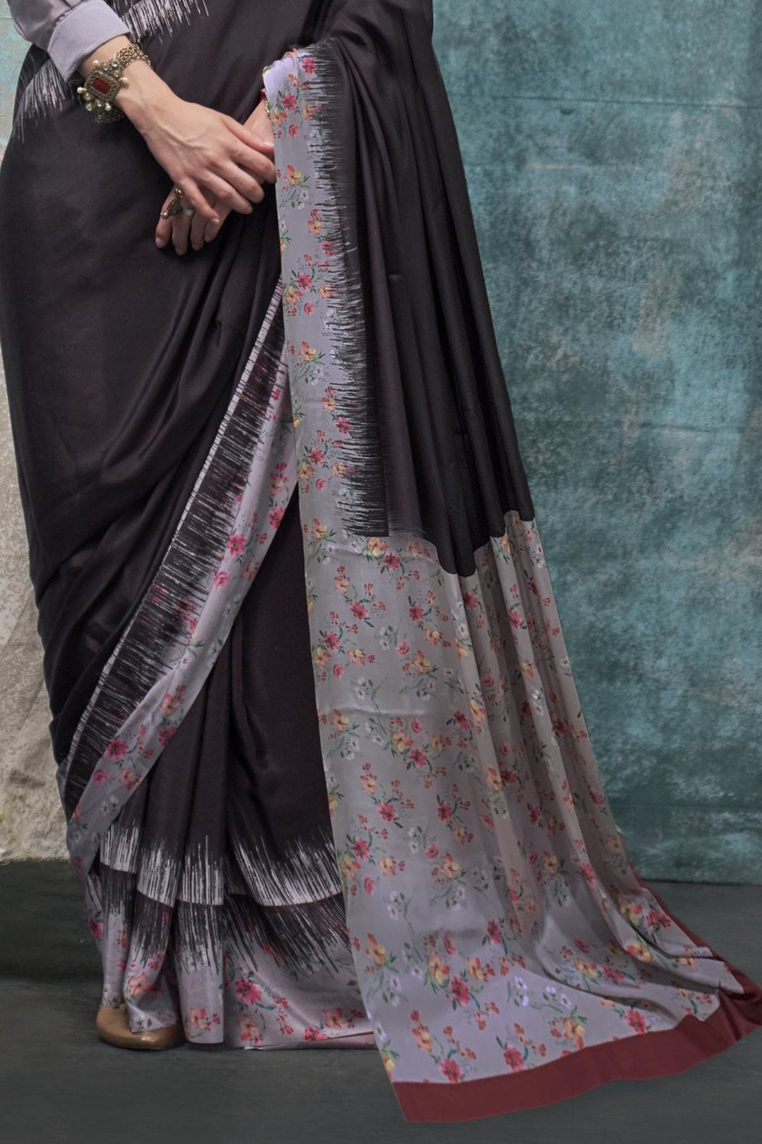 Thunder Black Printed Satin Crepe Sarees