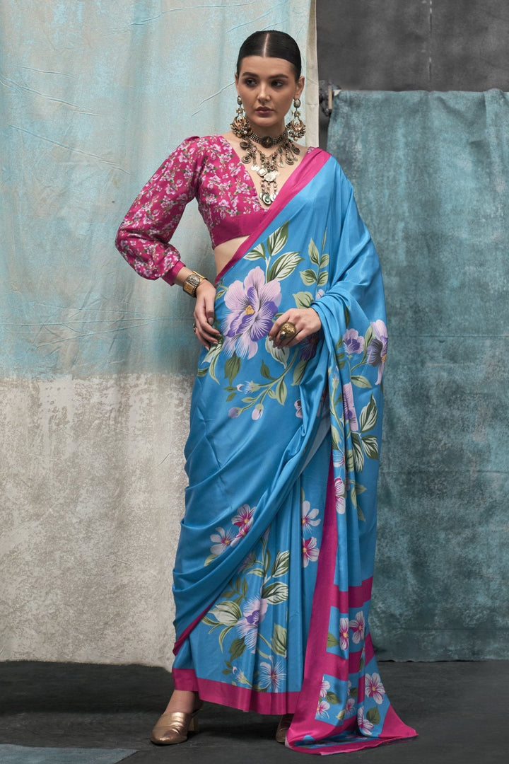 Boston Blue Printed Satin Crepe Sarees