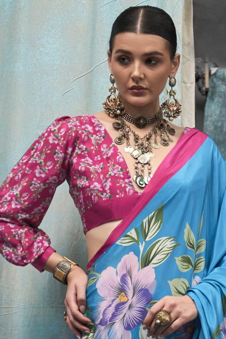 Boston Blue Printed Satin Crepe Sarees