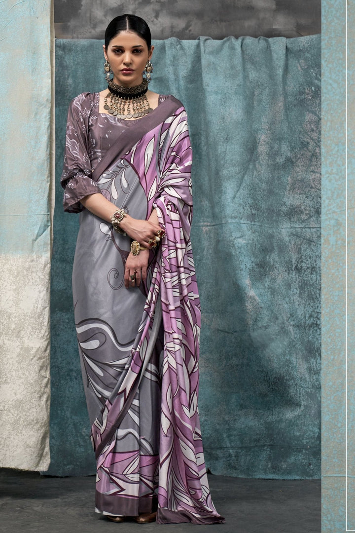 Jumbo Grey and Purple Printed Satin Crepe Sarees