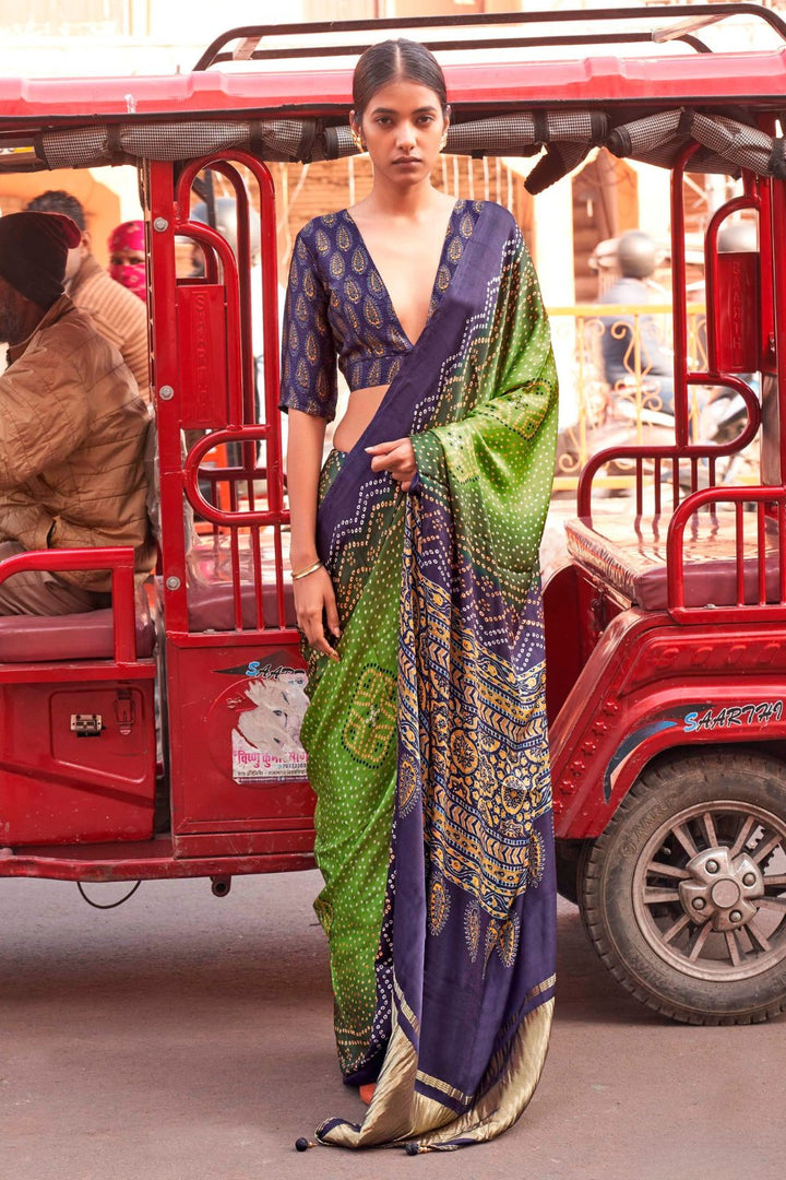 Wild Willow Green Bandhani Ajrakh Pure Handmade Saree