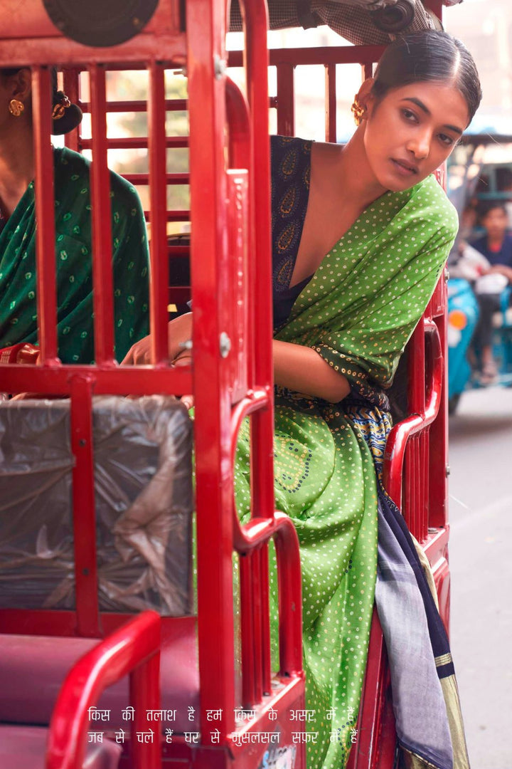 Wild Willow Green Bandhani Ajrakh Pure Handmade Saree