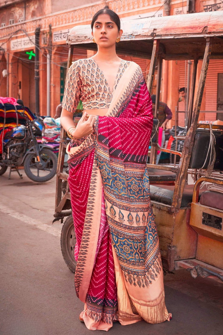 Cherry Pink Bandhani Ajrakh Pure Handmade Saree