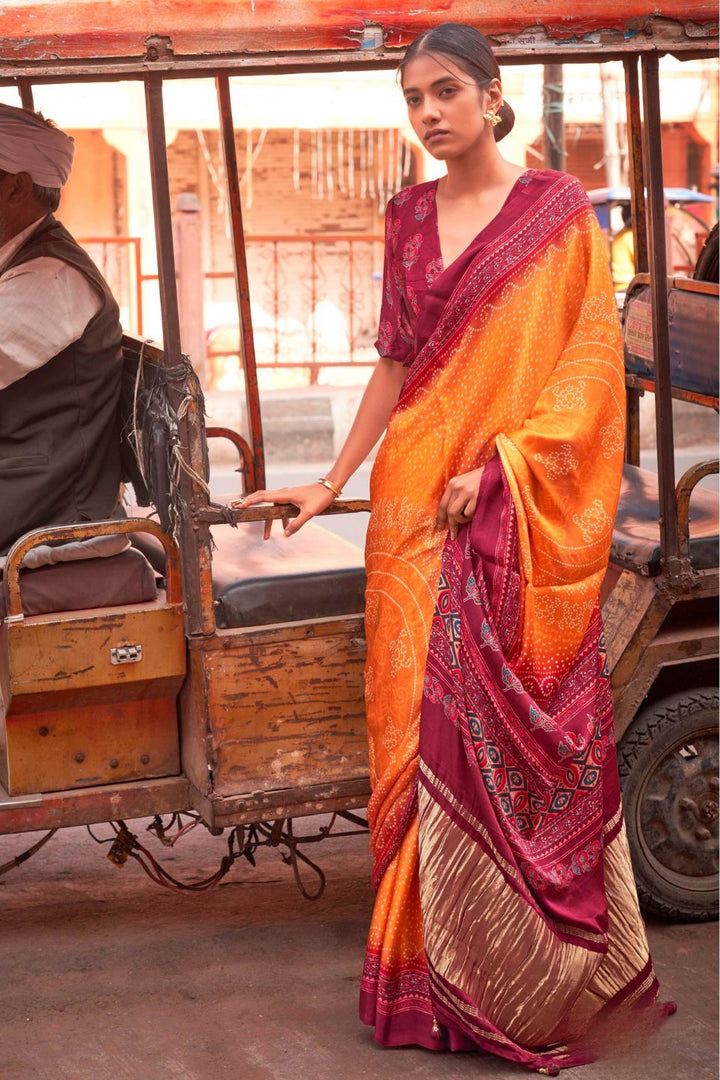 Neon Yellow Bandhani Ajrakh Pure Handmade Saree