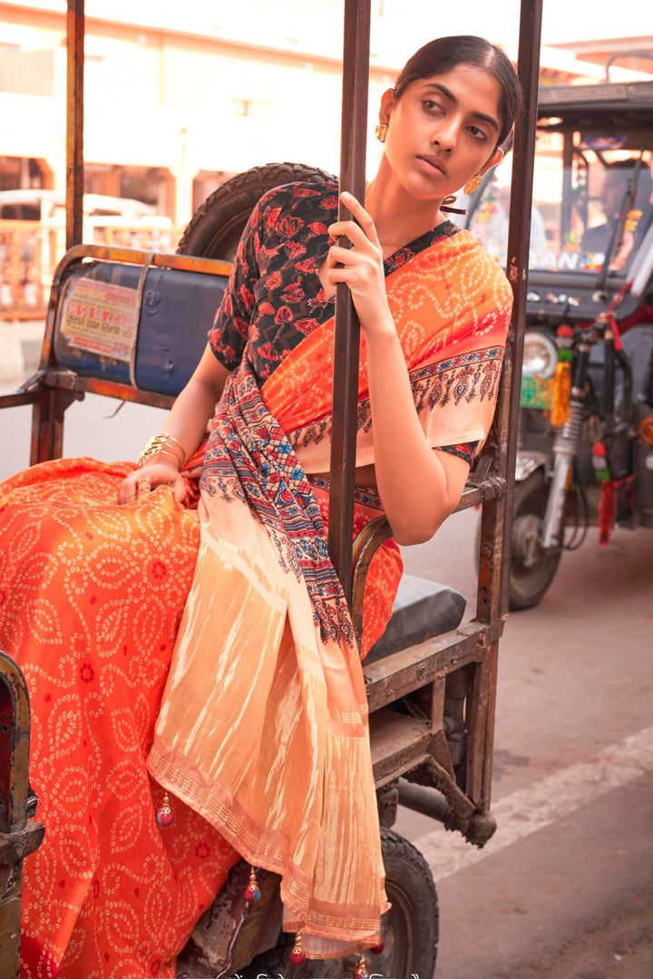 Coral Orange Bandhani Ajrakh Pure Handmade Saree