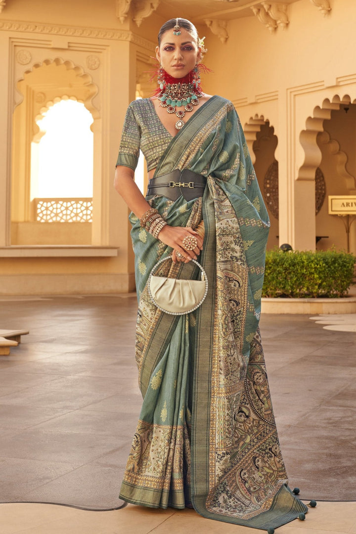 Limed Ash Green Printed Patola Saree