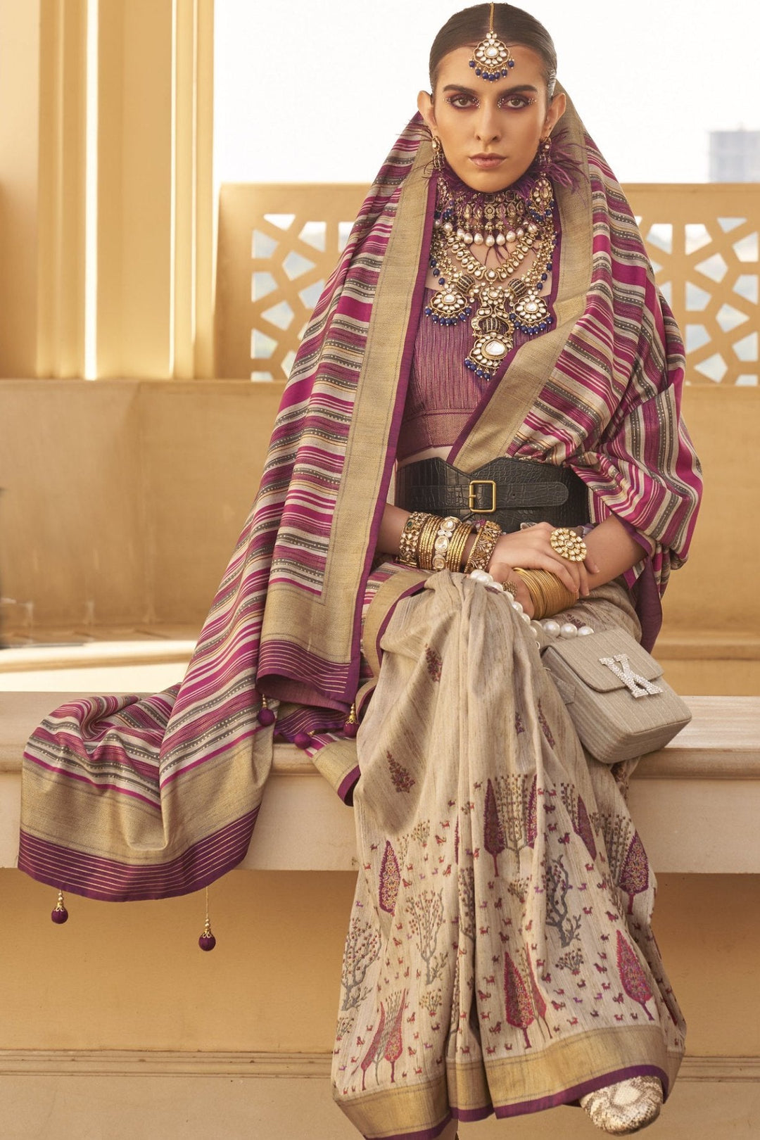 Brandy Cream and Purple Printed Patola Saree - qivii