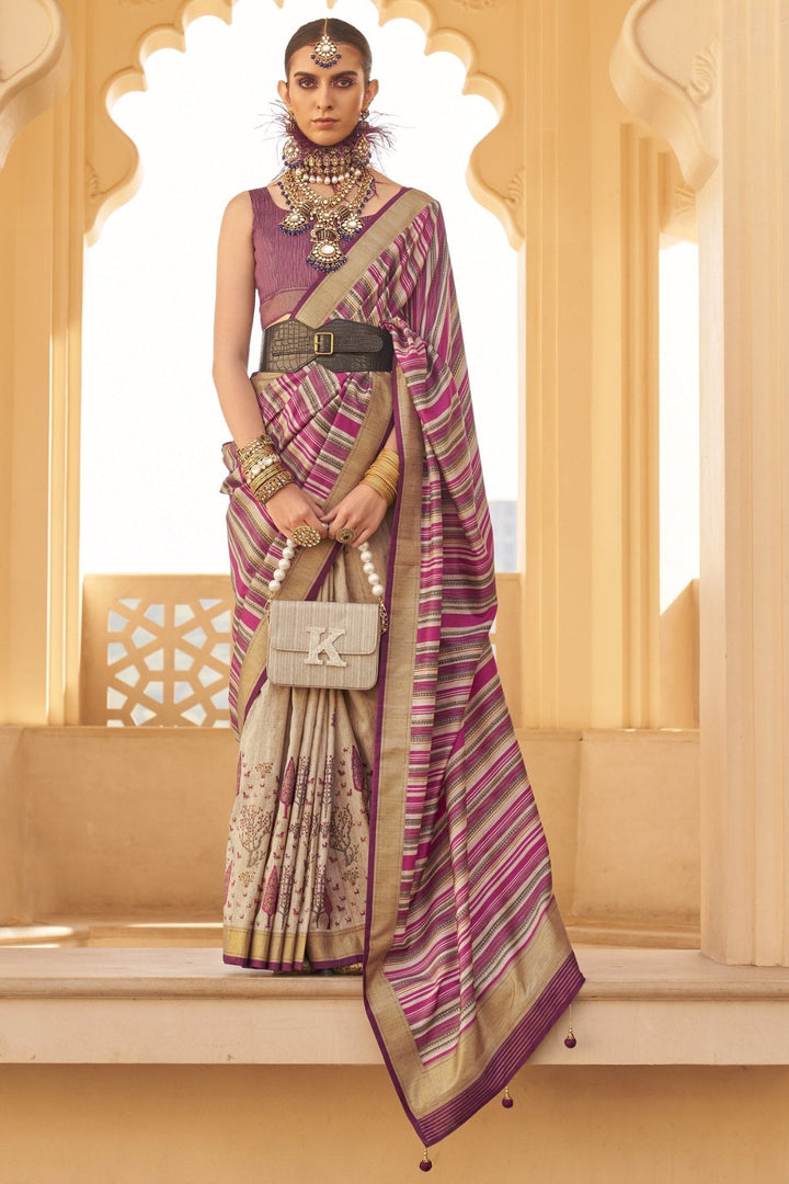 Brandy Cream and Purple Printed Patola Saree - qivii