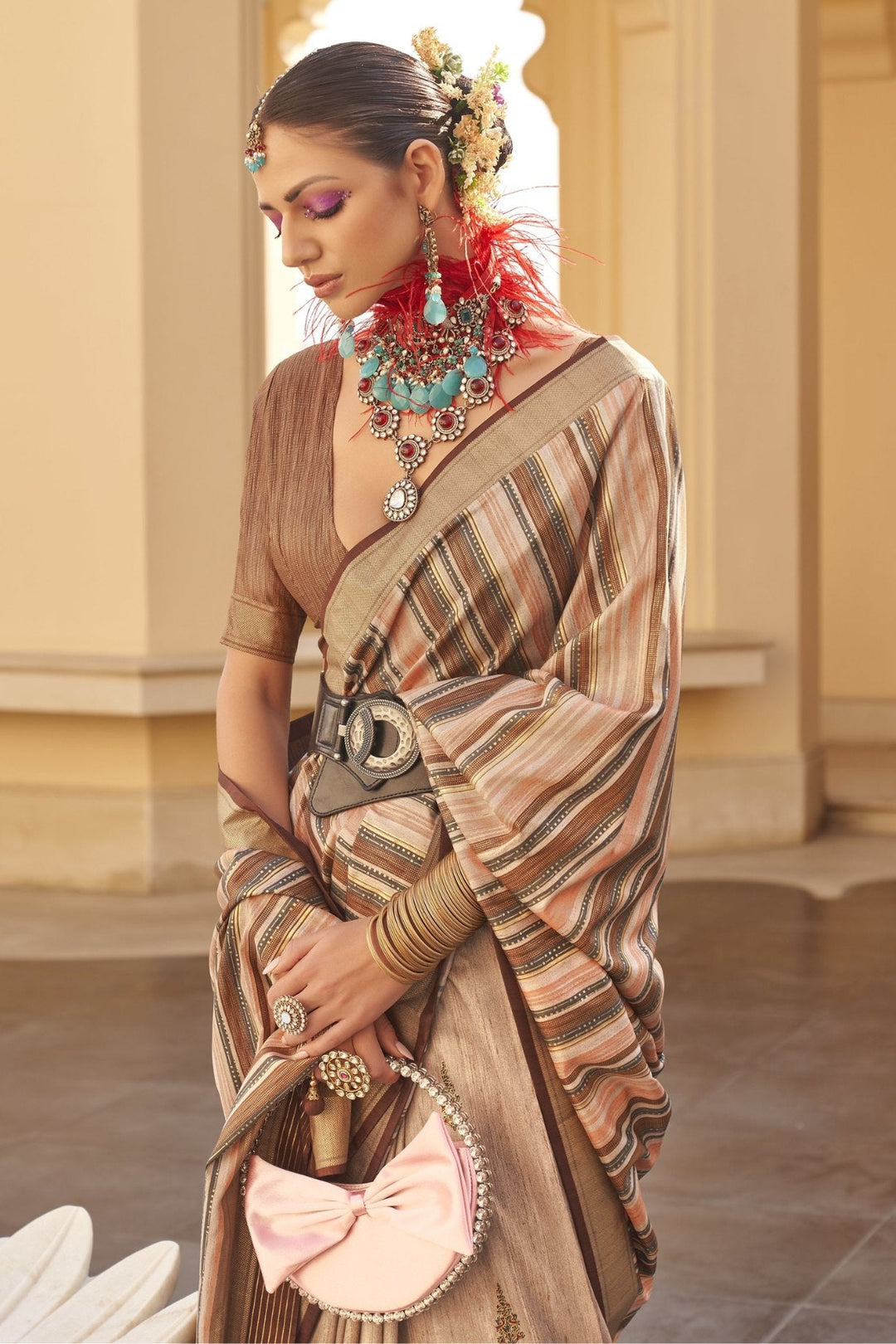 Maize Cream and Brown Printed Patola Saree