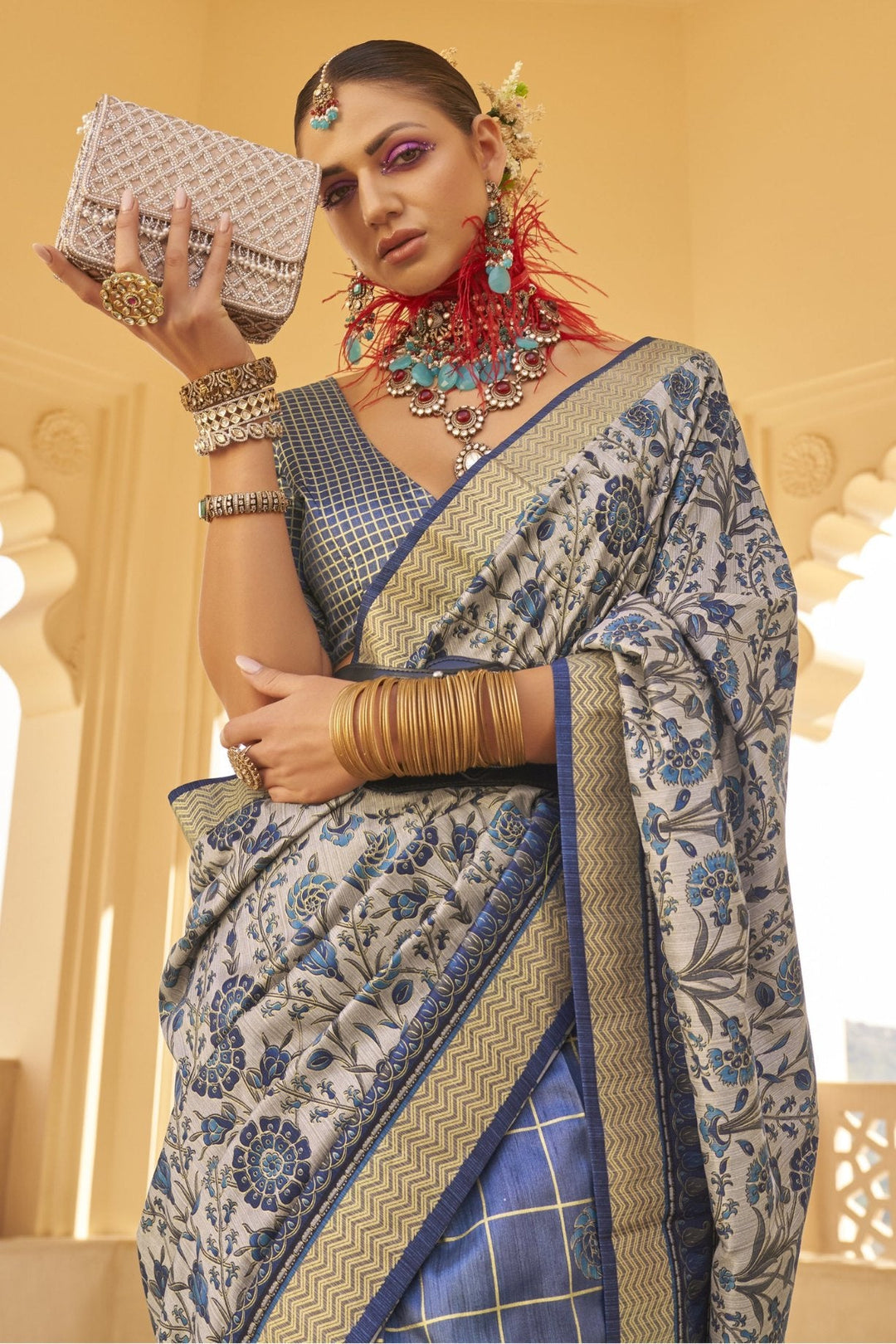 Lynch Blue and Grey Printed Patola Saree