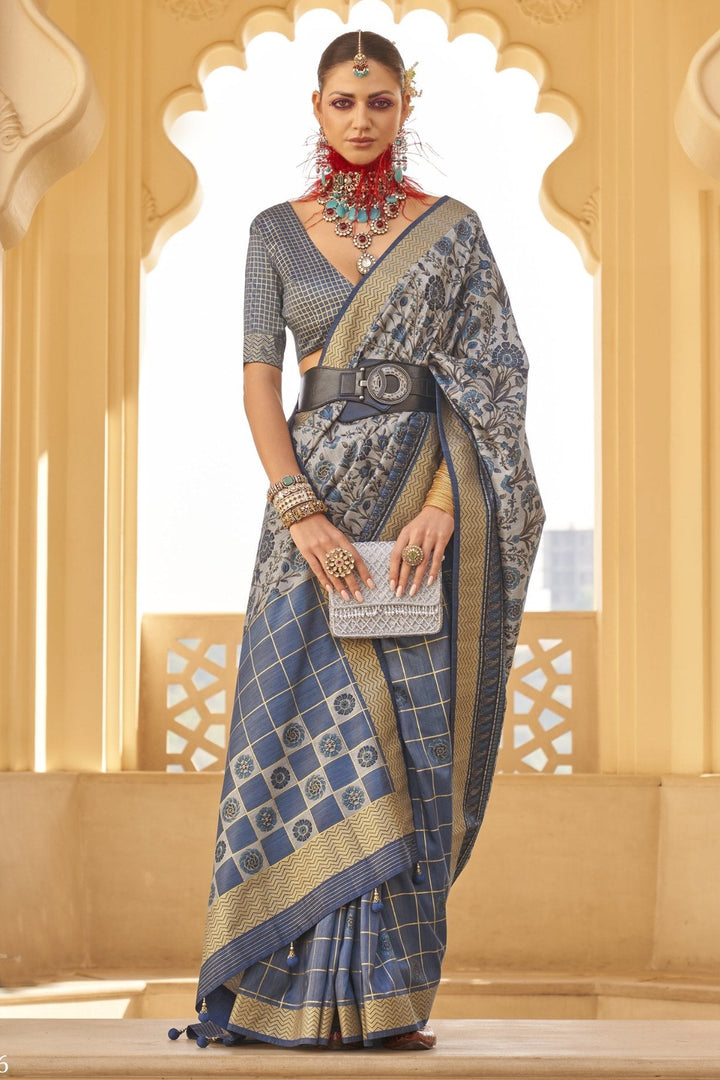 Lynch Blue and Grey Printed Patola Saree