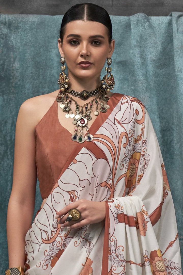 Seashell White and Brown Printed Satin Crepe Sarees