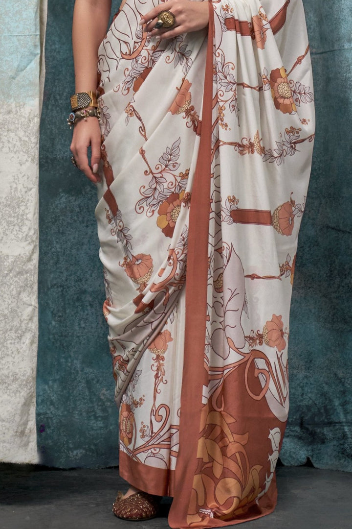 Seashell White and Brown Printed Satin Crepe Sarees