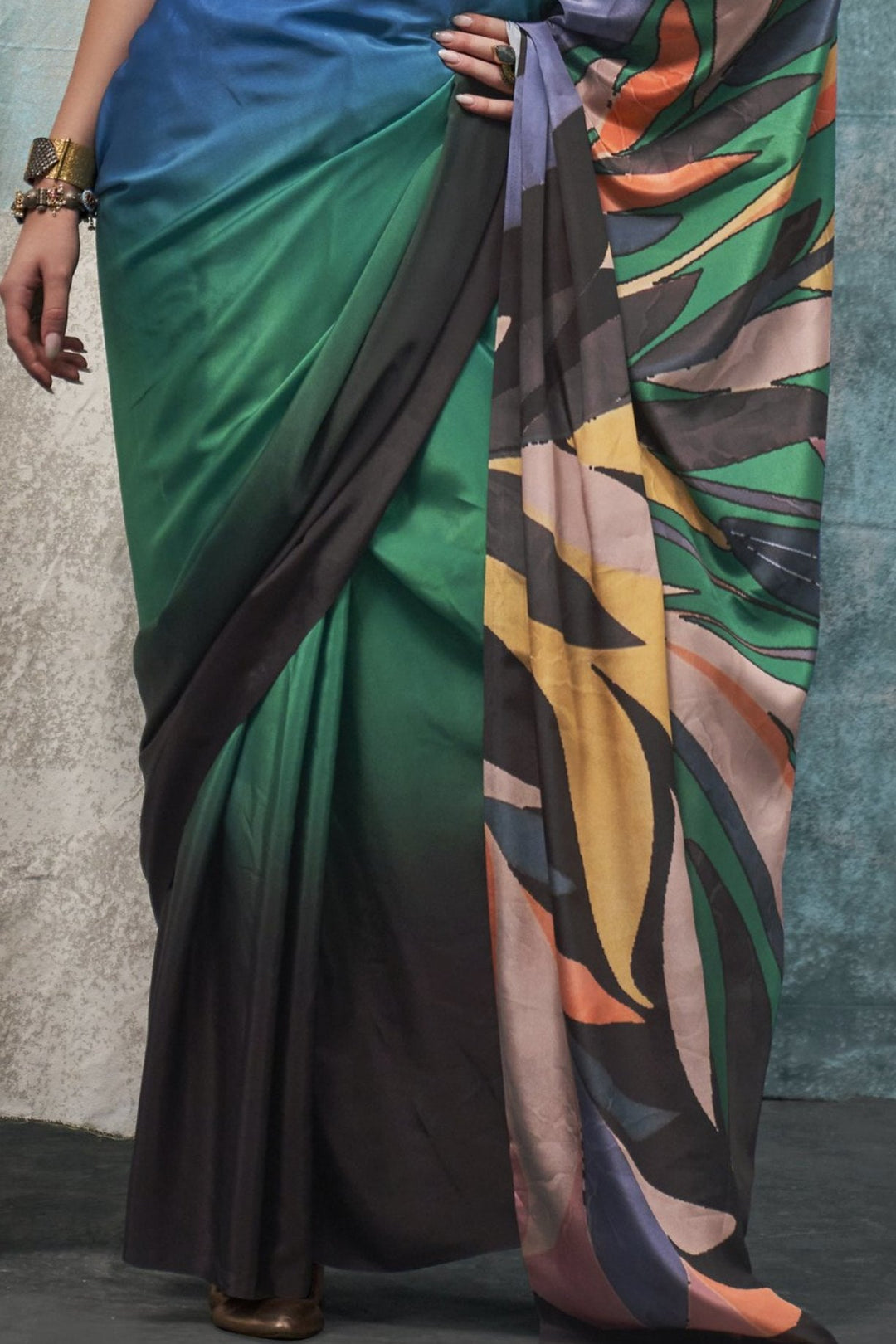 Multicolor Blue Printed Satin Crepe Sarees