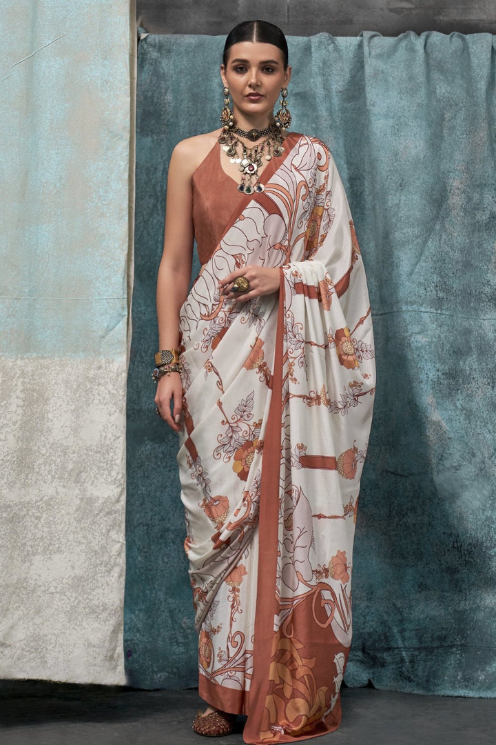 Seashell White and Brown Printed Satin Crepe Sarees