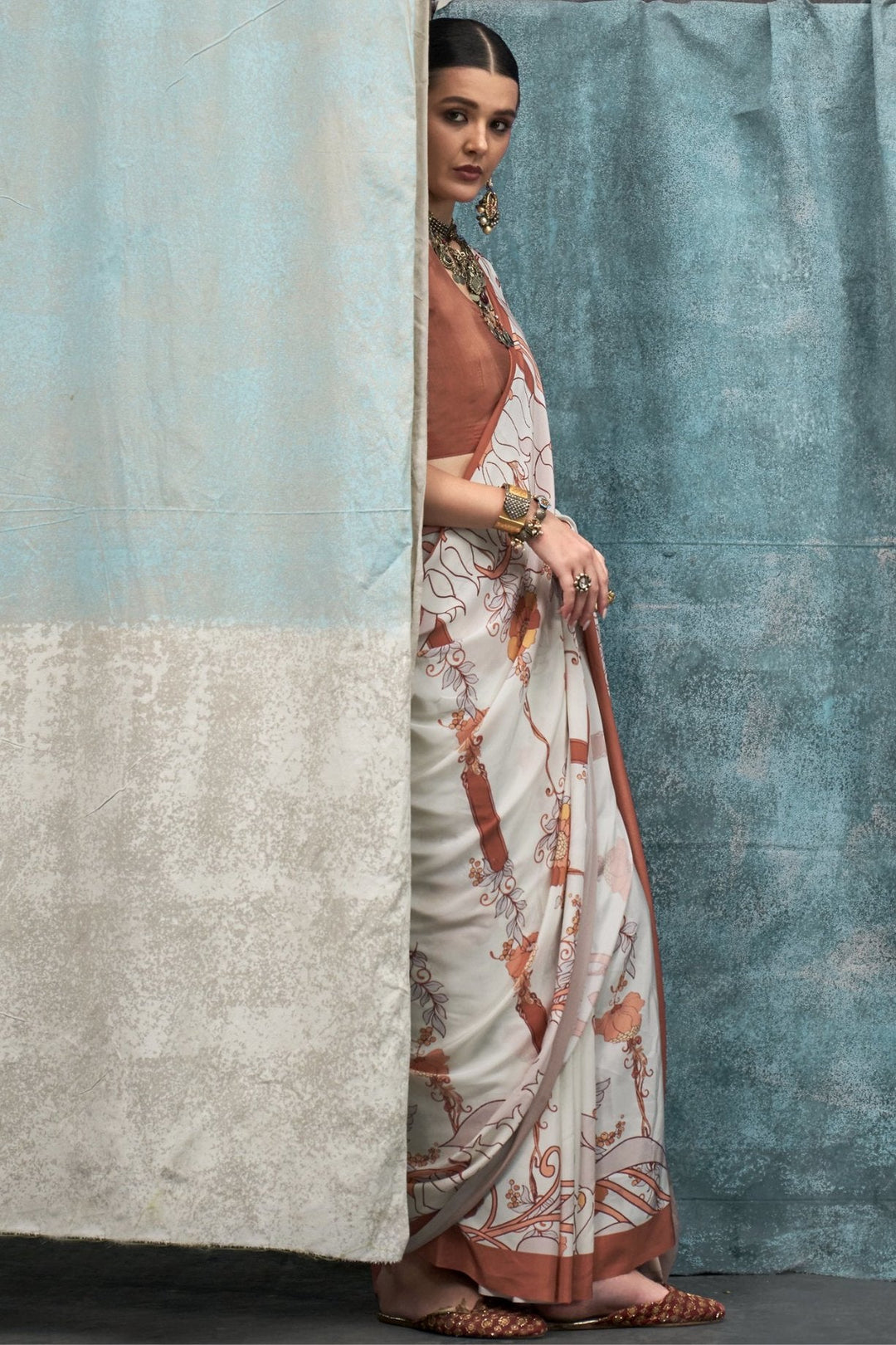 Seashell White and Brown Printed Satin Crepe Sarees