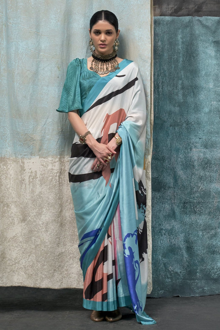 Aqua Island Blue Multicolor Printed Satin Crepe Sarees