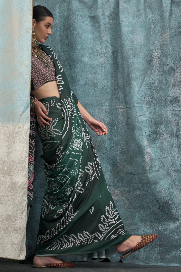 Timber Green Printed Satin Crepe Sarees