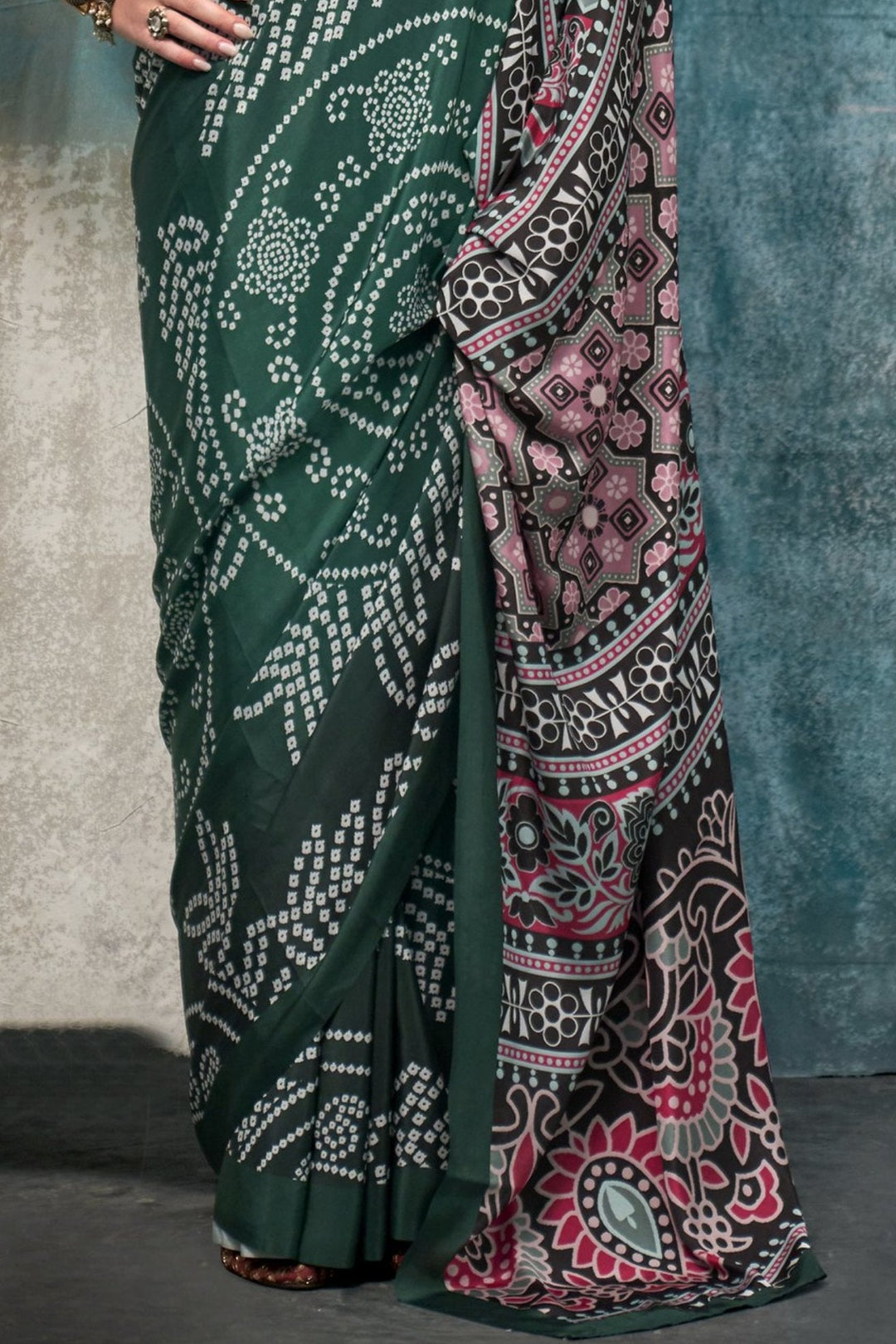 Timber Green Printed Satin Crepe Sarees