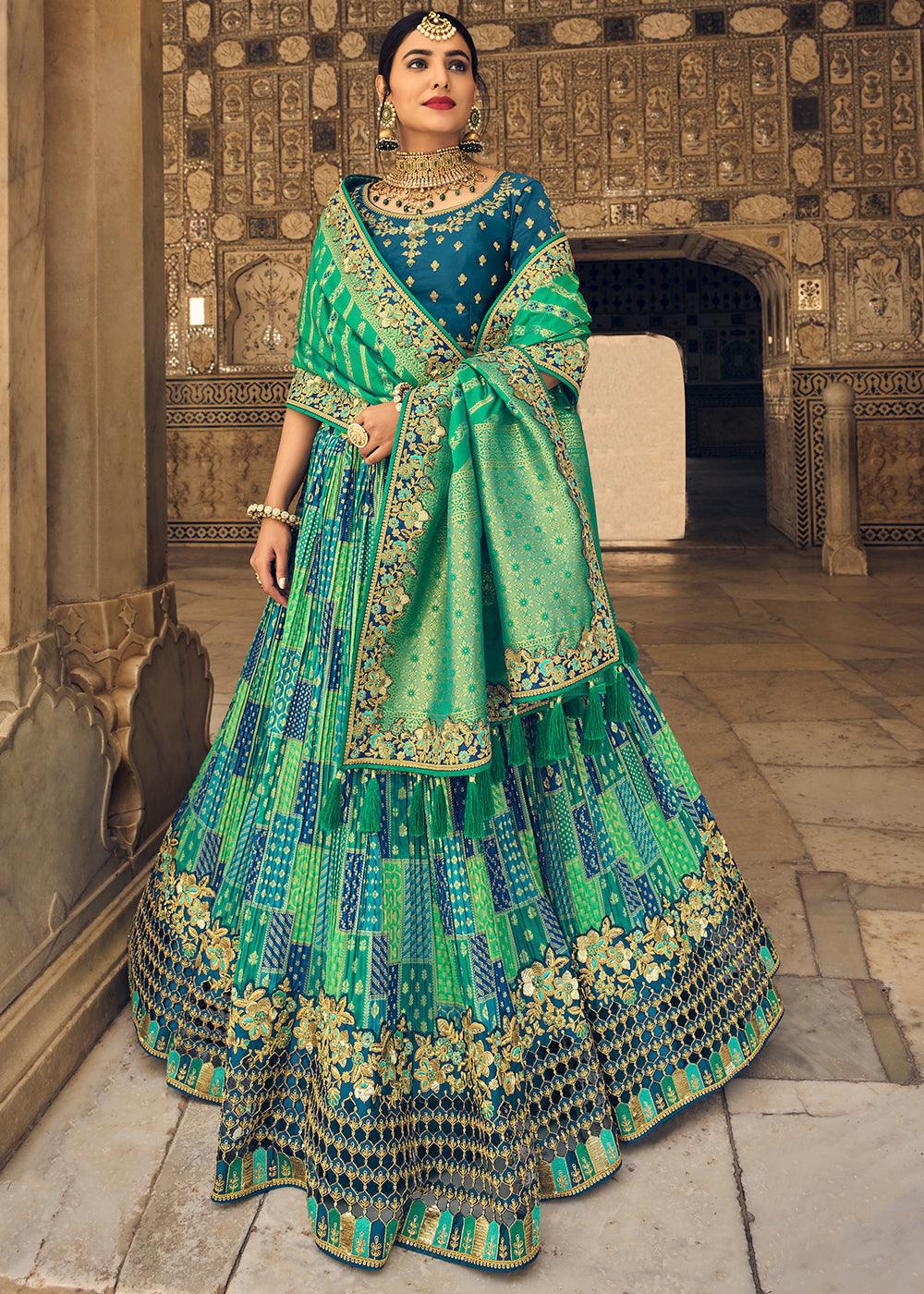 Prussian Blue & Green Banarasi Silk Lehenga Choli with Heavy Embroidery Work - qivii