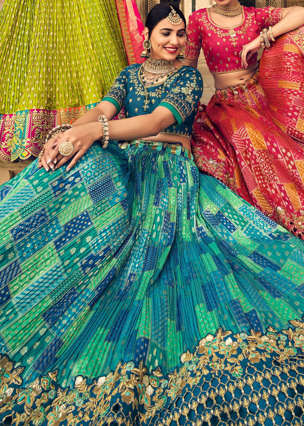 Prussian Blue & Green Banarasi Silk Lehenga Choli with Heavy Embroidery Work - qivii