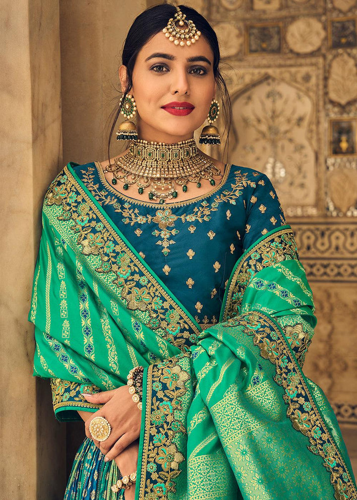 Prussian Blue & Green Banarasi Silk Lehenga Choli with Heavy Embroidery Work - qivii