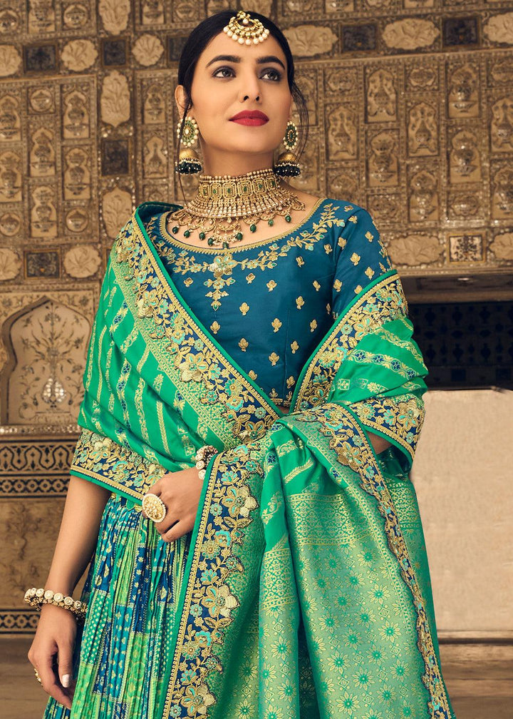 Prussian Blue & Green Banarasi Silk Lehenga Choli with Heavy Embroidery Work - qivii