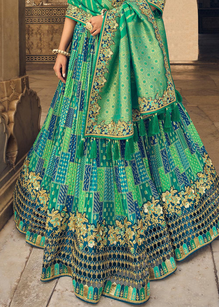 Prussian Blue & Green Banarasi Silk Lehenga Choli with Heavy Embroidery Work - qivii