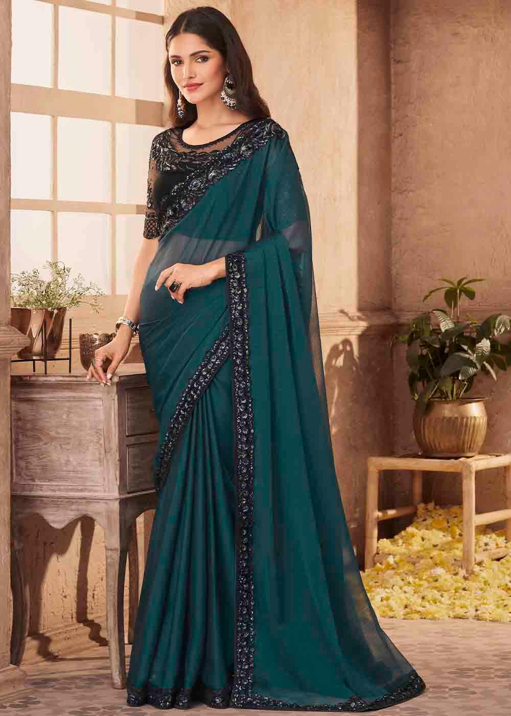 Prussian Blue Designer Embroidered Satin Silk Saree with Sequence work | Stitched Blouse - qivii