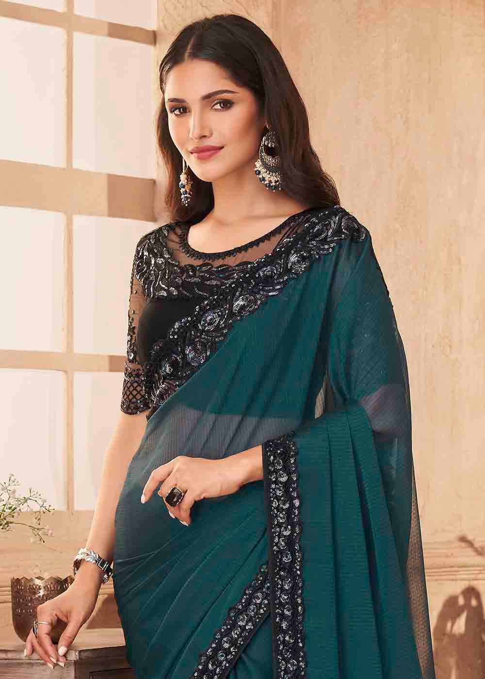 Prussian Blue Designer Embroidered Satin Silk Saree with Sequence work | Stitched Blouse - qivii